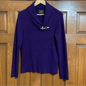 Ralph Lauren Purple ribbed knit shawl collar Sweater with gold Buckle large